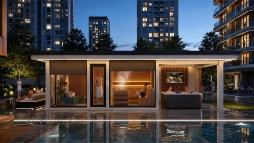 Das Außen Saunahaus Sky Residenc in einer privaten Penthouse mit Panoramablick